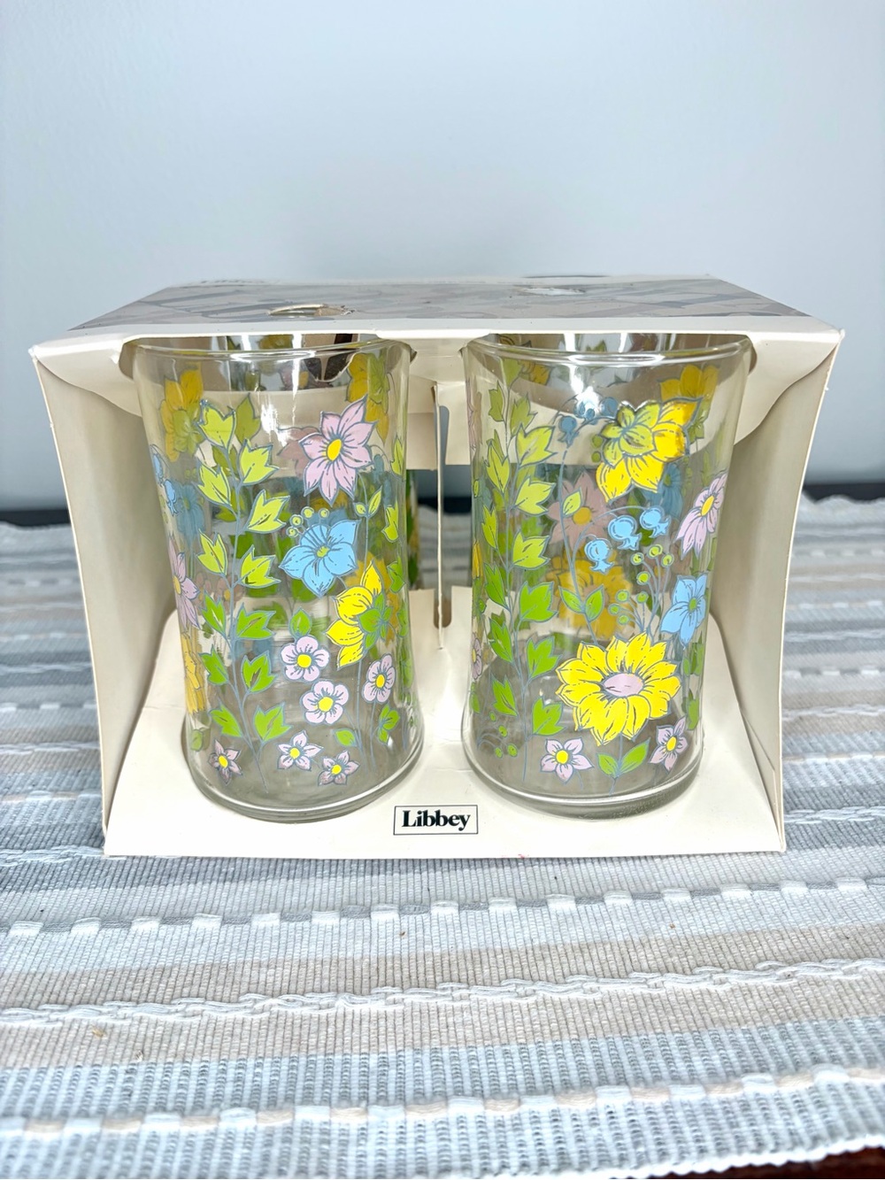 Libbey Floral Glass Tumbler Pair in Yellow, Green & Blue